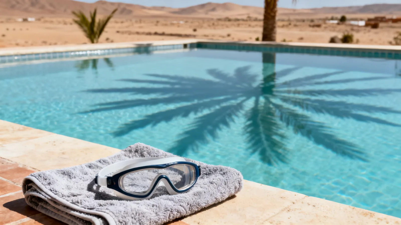 Goggles and a towel beside a hotel pool, photographic illustration