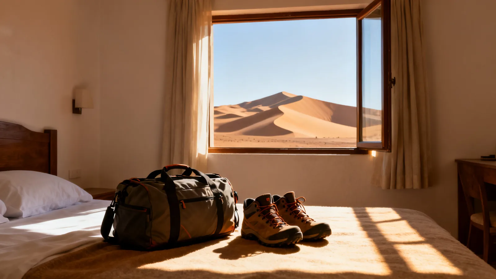 Travel bags in a sunlit guest room, photographic illustration