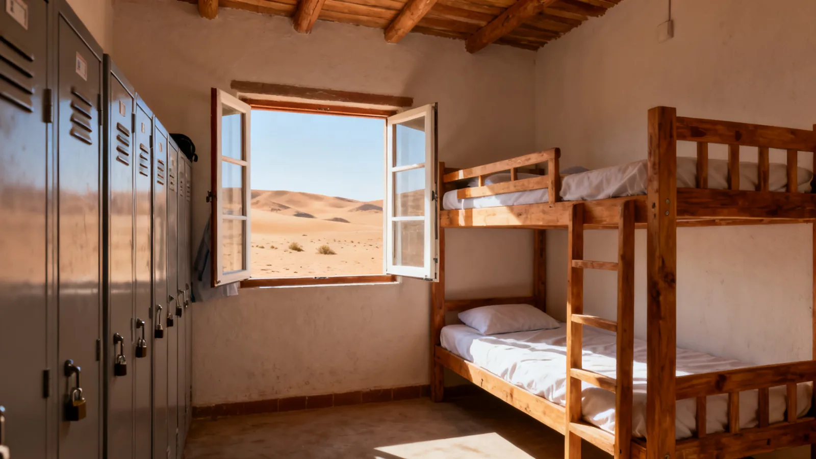 Bunk beds and lockers in a shared room, photographic illustration