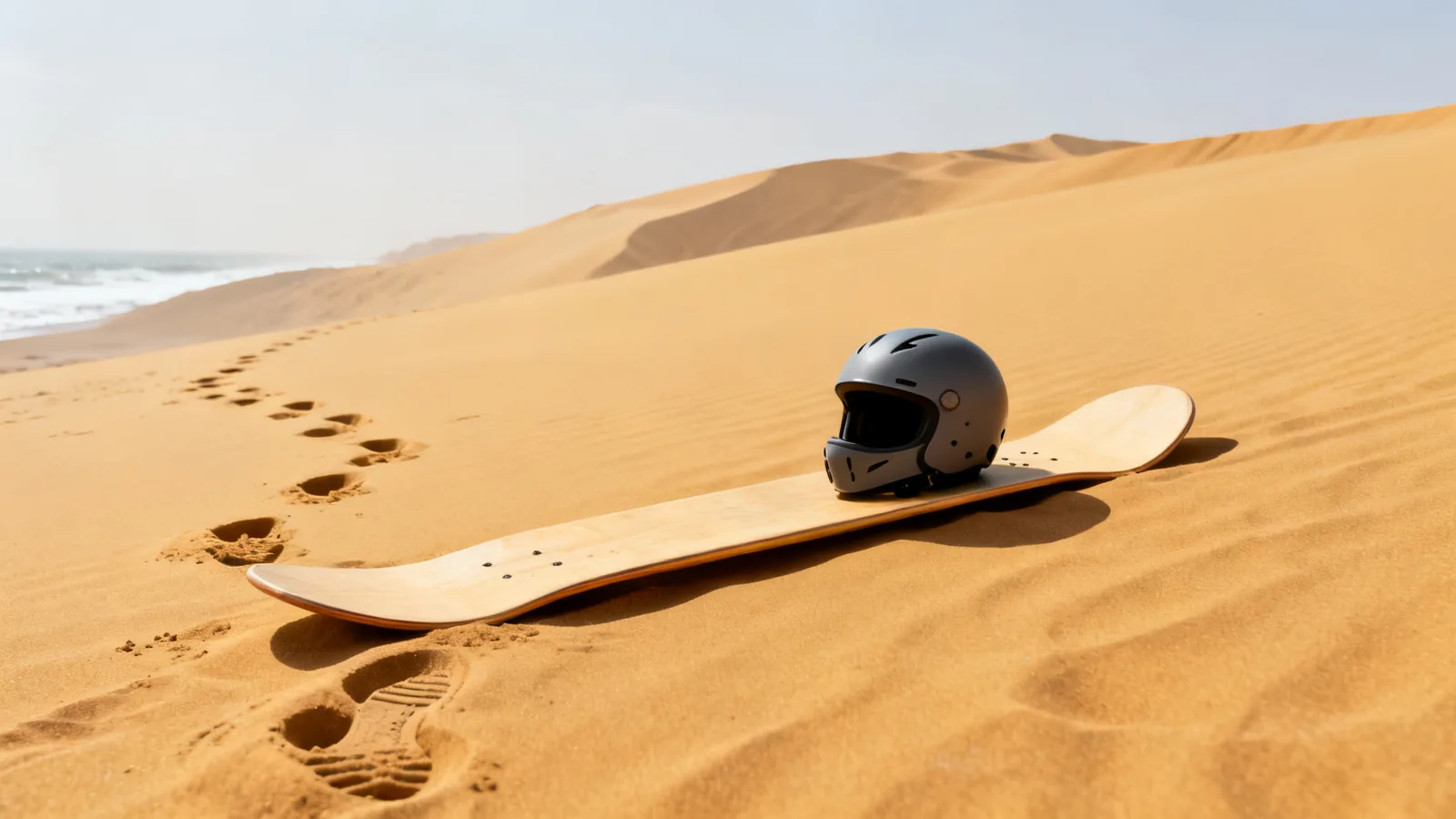 A sandboard and helmet on desert sand, photographic illustration
