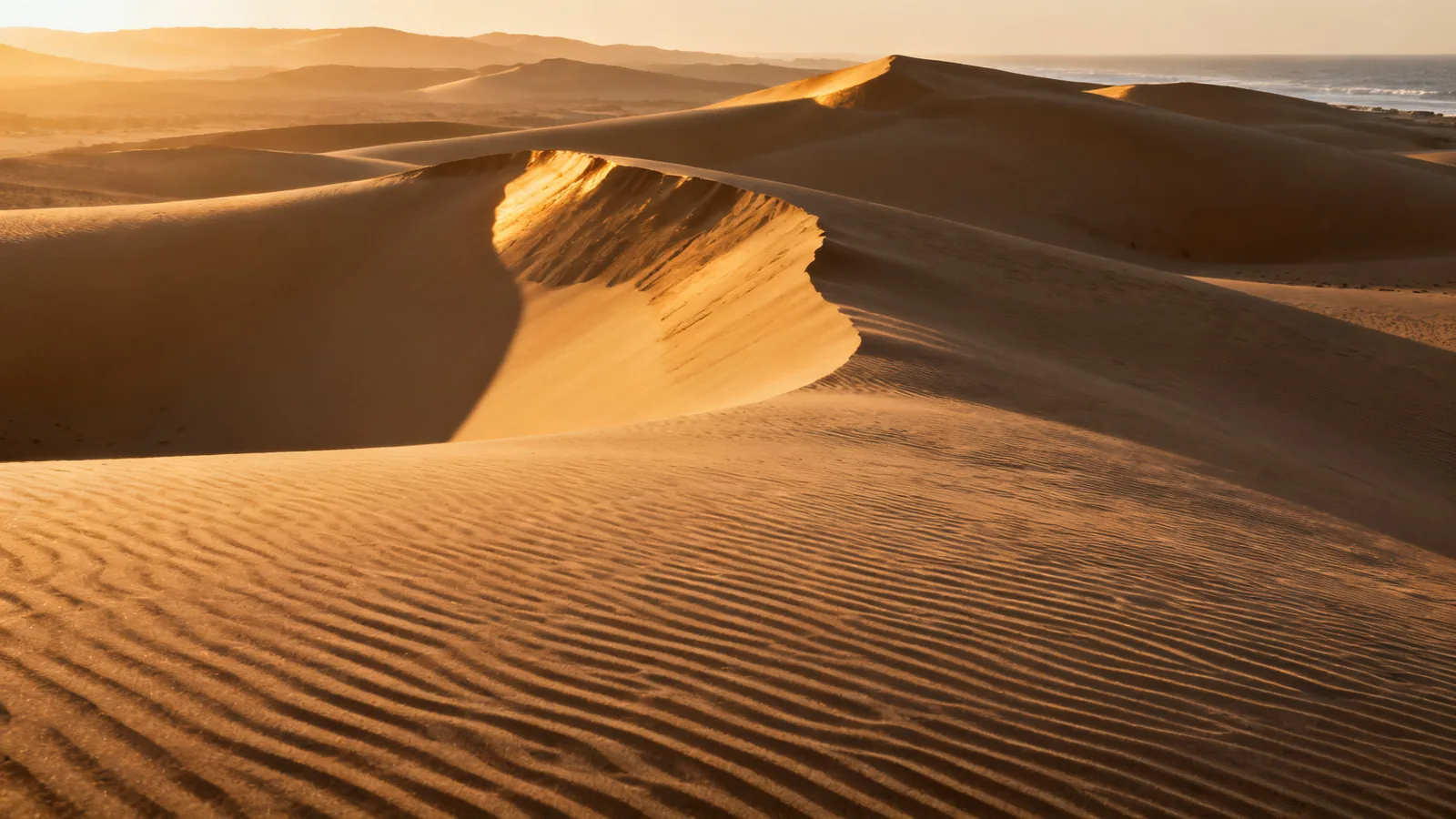 Late light across rolling desert dunes, photographic illustration