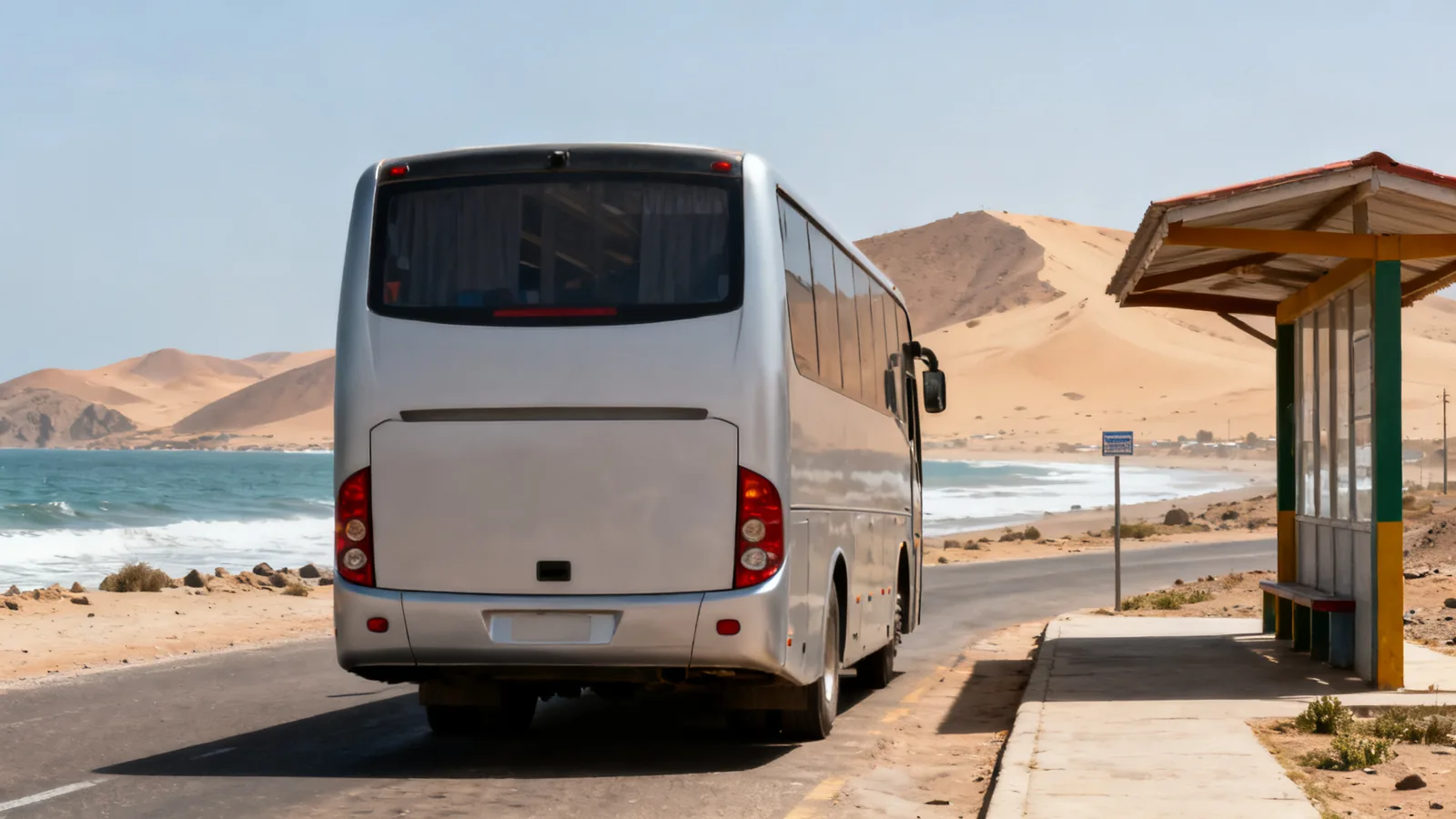 Photographic illustration of an unbranded intercity coach at a coastal stop