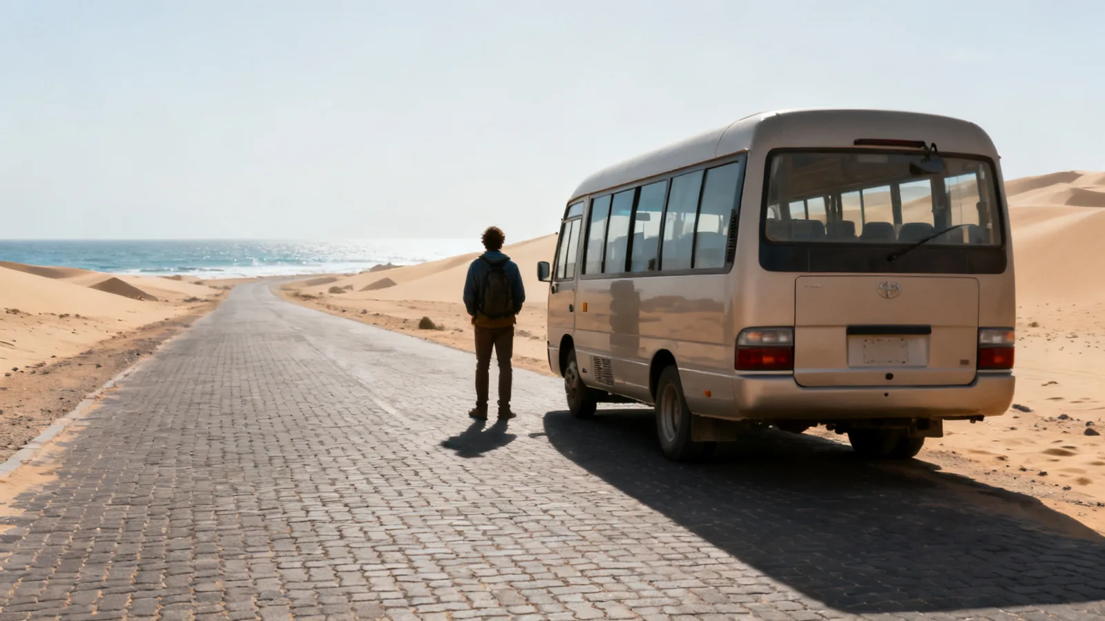 Photographic illustration of a traveller beside an unbranded minibus on a desert road