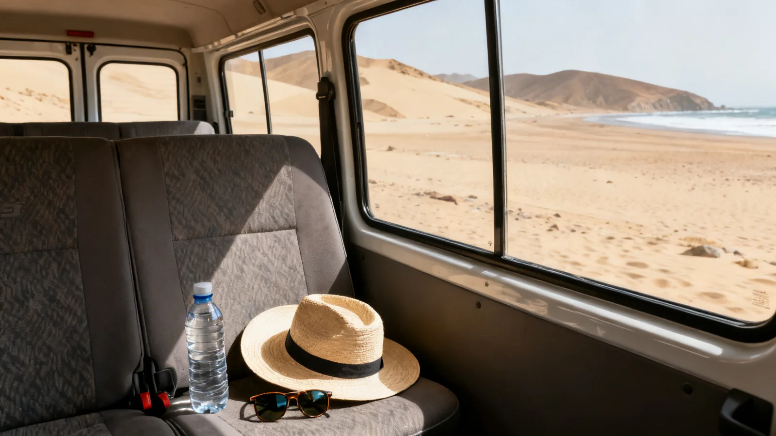 Photographic illustration of a hat and water bottle inside an unbranded passenger van